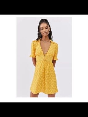 Urban Outfitters Yellow Button-Front Floral Mini Dress